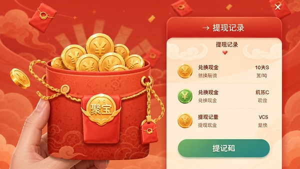 聚宝红包钱包提现页面,展示金币兑换现金与提现记录