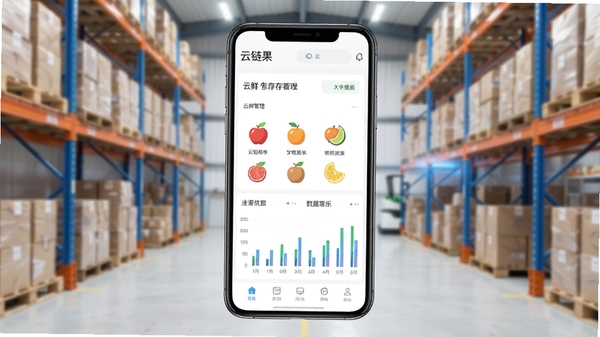 云链果仓软件主界面展示,手机屏幕中呈现生鲜库存管理看板,水果图标与数据图表清晰可见,背景为清新的仓储环境,整体风格简洁专业