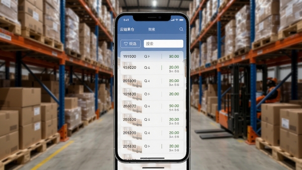 云链果仓出入库记录列表界面,多条流水记录按时间排列,筛选按钮与搜索框清晰,手机屏幕展示,背景为仓库通道