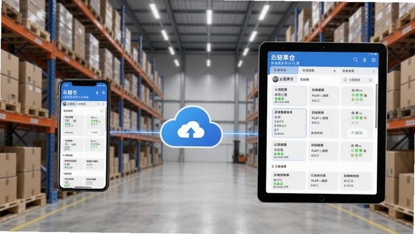 云链果仓多设备同步示意图,手机与平板同时显示相同库存数据,云端图标连接两端,背景为现代仓储环境