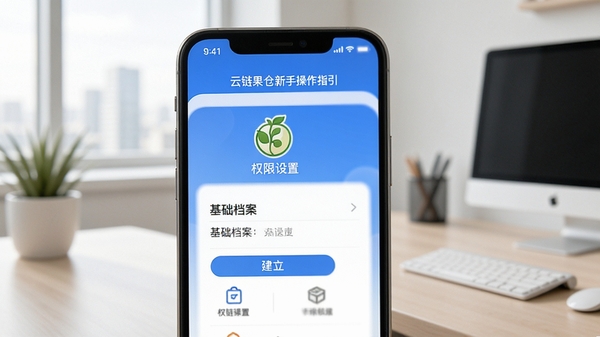 云链果仓新手操作指引界面,手机屏幕显示权限设置页面与基础档案建立步骤,图标清晰,背景为整洁的办公环境,光线柔和