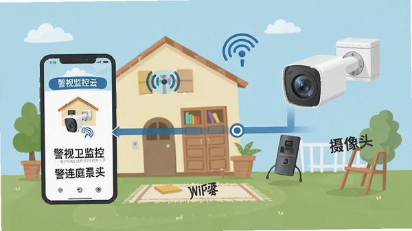 警视卫监控云安装连接示意图,手机与摄像头通过WiFi连接,步骤清晰标注,家庭安防场景,扁平化插画风格