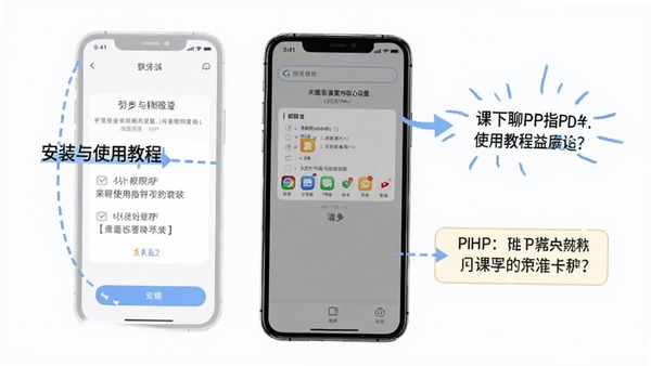 ������APP��װ��ʹ�ý̳�ʾ��ͼ���ֻ���Ļչʾ��װ�����Ȩ�����ý��棬�Ա������ֱ�ע��ʾ�������������ͻ������ָ��
