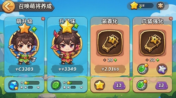 召唤萌将养成界面,展示萌将升级、升星、装备强化等多个养成模块,界面中有Q版角色和各类资源图标,风格卡通明快
