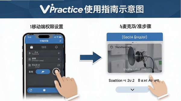 ViiPractice使用指南示意图,展示移动端权限设置与麦克风校准步骤,简洁明了的操作界面