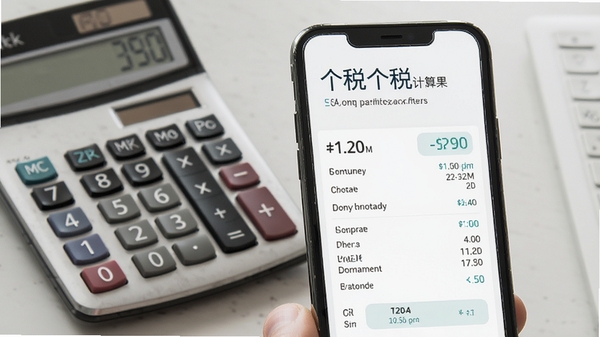 个税工资计算软件主界面展示,手机屏幕显示工资个税计算结果,背景为办公桌与计算器,风格简洁专业
