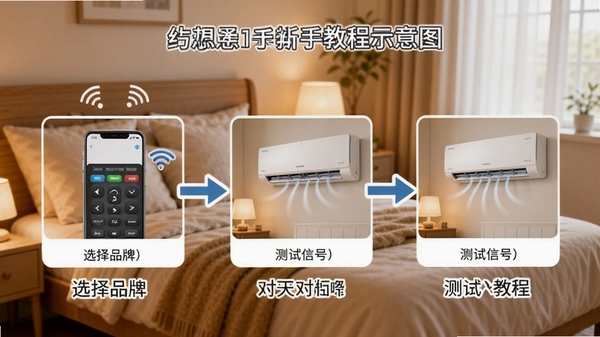 万能空调遥控器通用通新手操作教程示意图,手机界面显示添加空调步骤,包括选择品牌、对准空调、测试信号三个画面,配有箭头指示和文字说明,背景为温馨卧室环境