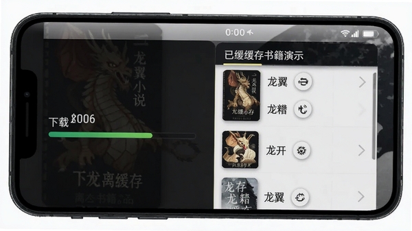 龙翼小说离线缓存功能演示,展示下载进度条和已缓存书籍列表,手机界面