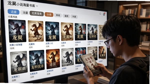 龙翼小说海量书库界面,展示各类小说封面排列整齐,分类标签清晰,书迷挑选书籍场景