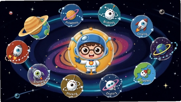 科学星球HD六大知识星球全景图,物理化学科学生物天文地理图标环绕,中心是小科向导,卡通宇宙风格