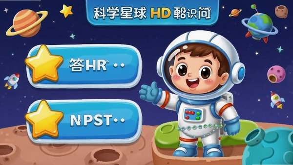 科学星球HD知识问答界面,卡通小宇航员出题,四个答案选项,星星奖励图标,活泼可爱风格