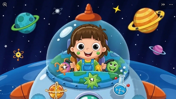 科学星球HD软件中儿童驾驶飞船探索知识星球的卡通场景,色彩鲜艳,宇宙星空背景,星球表面有物理化学图标