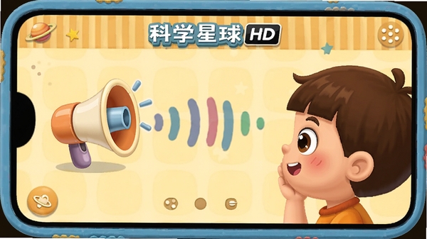 科学星球HD语音讲解界面,卡通喇叭图标,声波可视化,儿童头像侧耳倾听,温馨色调