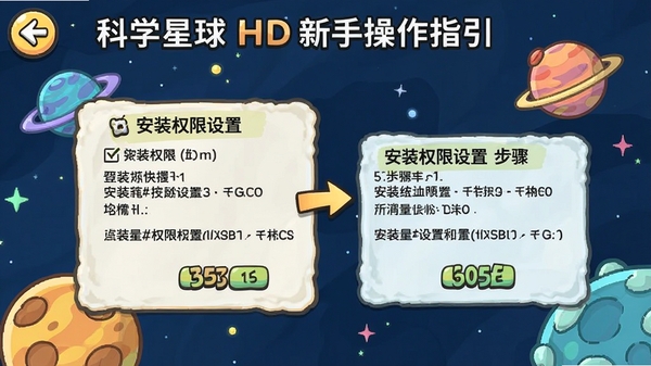 科学星球HD新手操作指引界面截图,标注安装权限设置步骤,卡通风格,简洁明了