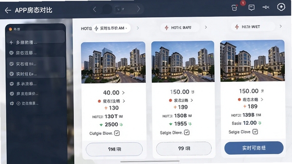 都市酒店APP房态对比界面,多酒店价格并列展示,数据清晰,商务风格,突出实时比价功能