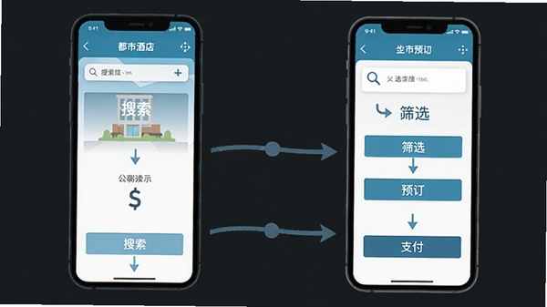 都市酒店APP移动端操作流程图,展示搜索、筛选、预订、支付四个步骤,手机界面清晰,扁平化设计风格