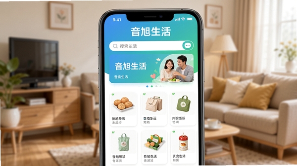 ��������APP��ҳչʾͼ���ֻ���Ļ����ʾ�ḻ����Ʒ�������񣬶�������������ֲ�Banner�����������¼�Լ����ɫ��Ϊ����ɫ���䣬Ӧ�����ơ����������Ŀ��ʾ����Ļ�Ϸ�������Ϊ��ܰ�ļ�ͥ������黯ͼ