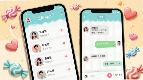 ����APP������չʾ�������ǹ�ɫϵUI��ƣ��ֻ���Ļ����ʾ�û�ƥ���б������컥�����棬��Χ�����ǹ������ĵ�Ԫ�أ���������ů