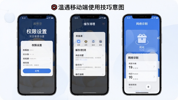 温遇移动端使用技巧示意图,展示手机屏幕上的权限设置、缓存清理和网络诊断界面,突出安全使用与优化操作