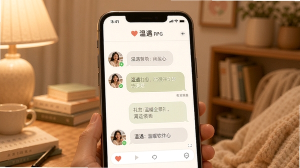 温遇软件温暖治愈的社交聊天界面展示,柔和色调,用户正在与好友进行温馨对话,突出温遇品牌温暖治愈的社交氛围