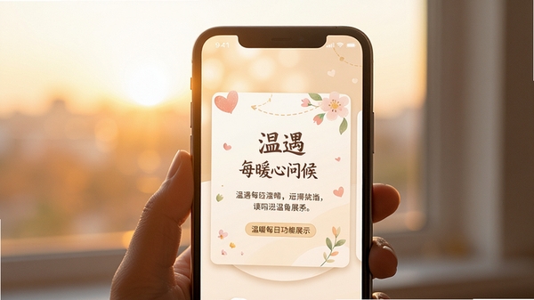 温遇每日暖心问候功能展示,手机屏幕显示精美的问候卡片和温馨文案,背景是柔和的晨曦光线,突出温暖治愈的产品调性