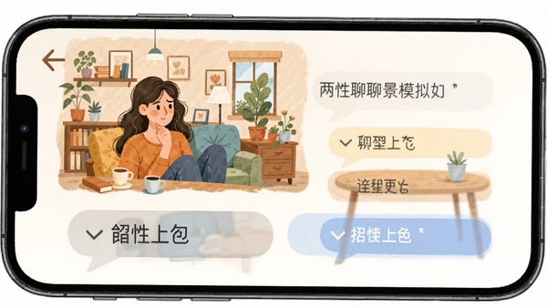 两性聊聊爱情景模拟功能界面,手机屏幕显示一个生活场景插画和对话选项,用户正在认真思考选择