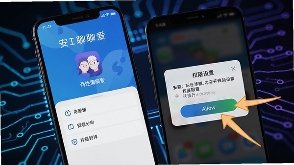 手机屏幕显示两性聊聊爱应用安装界面和权限设置弹窗,旁边有提示箭头指向允许按钮,背景为科技感线条