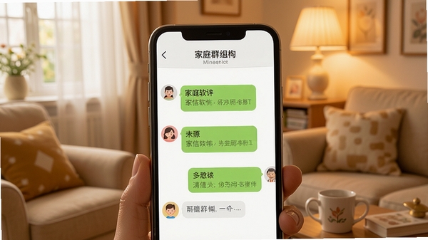 ����������ͥȺ��������棬��ܰ�Ӽҷ���ֻ���Ļ��ʾ��ͥȺ�ĶԻ���ͼ���������������ůɫ��