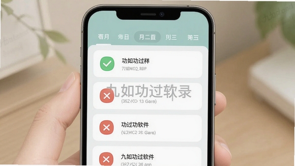 九如功过app功过记录界面AI生图提示词:手机屏幕显示功过记录列表,简洁的卡片式设计,顶部有日期导航栏,每条记录左侧有绿色对勾和红色叉号图标区分功过,整体色调柔和清新,界面带有九如功过软件名称水印,扁平化UI风格
