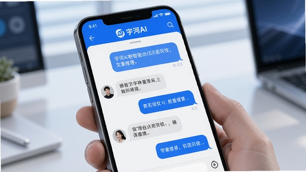 宇河AI智能对话界面展示,手机屏幕中呈现多轮对话气泡,用户与AI正在讨论文案修改,界面简洁明亮,科技感蓝色调,突出宇河AI品牌标识