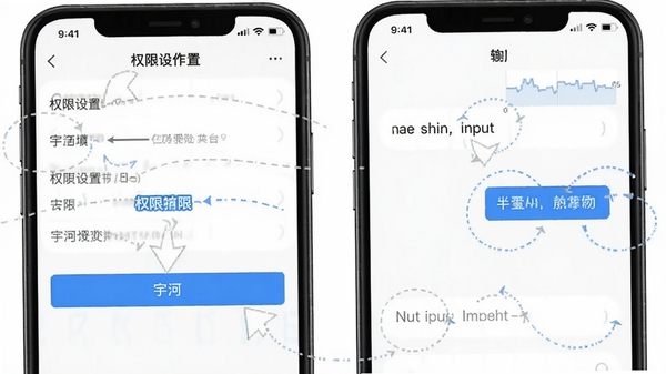 宇河AI移动端操作界面截图,展示权限设置步骤与对话输入框,画面清晰,标注关键按钮位置,风格简洁实用