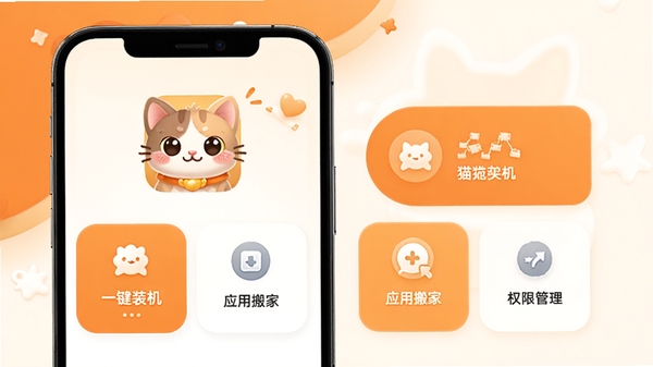 小猫助装软件官方主界面展示图,手机屏幕中显示一键装机、应用搬家、权限管理等功能模块,背景为温馨的橙白色调,突出软件logo小猫图标