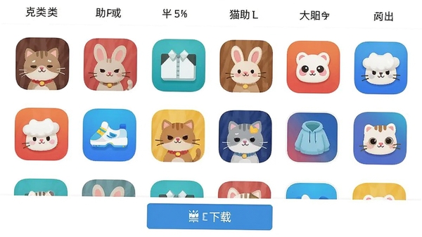 小猫助装应用推荐页面截图,展示多款热门应用图标排列整齐,顶部有分类标签栏,底部有下载按钮,整体风格清新简洁