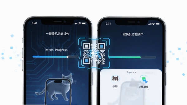 小猫助装一键换机功能操作界面,两部手机靠近扫码连接,屏幕显示传输进度条和已迁移数据类型图标,科技感蓝色调