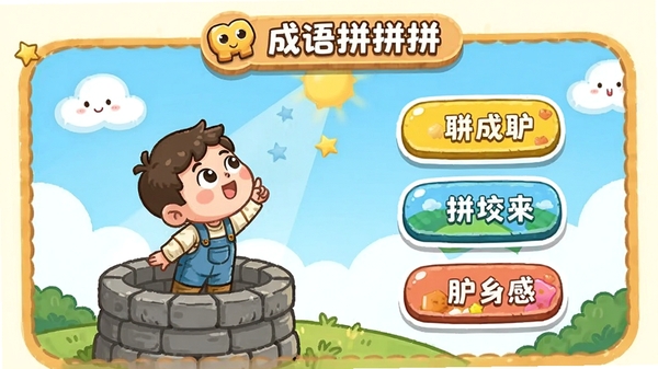 ����ƴƴƴ��ͼ�³�����棬����չʾһ��Ȥζ�廭��������һ����վ�ھ��߿��죬�Ա����ĸ�ѡ�ť�����涥���С�����ƴƴƴ��Сͼ�꣬������ͨ�ɰ�