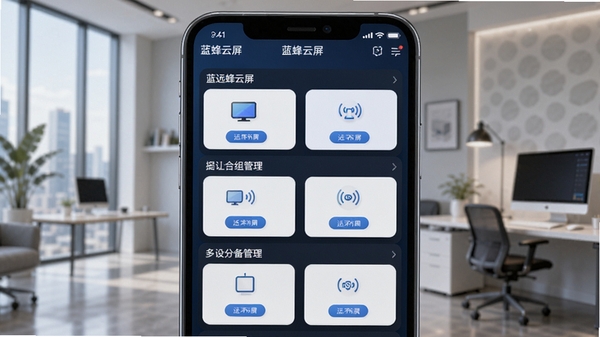 �����������豸�����������AI��ͼ��չʾ�ֻ���Ļ�϶���豸��Ƭ�������У�����Զ�̿��ư�ť������Ϊ�ִ��칫������������������������ʾ�ڽ��涥��