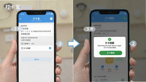 打卡宝使用教程示意图,展示手机权限设置界面与打卡提醒通知弹窗,步骤标注清晰