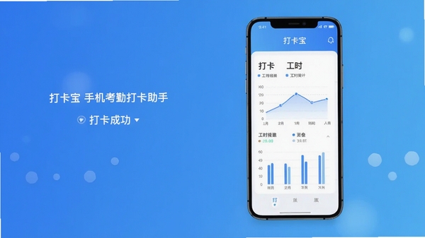 打卡宝手机考勤打卡助手软件主界面展示图,蓝色渐变背景,手机屏幕中显示打卡成功提示与工时统计图表,简约商务风格