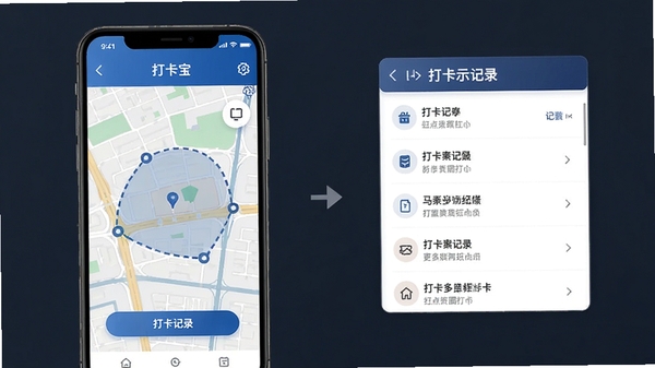 打卡宝多地点围栏打卡功能示意图,手机屏幕显示地图围栏与打卡记录列表,简洁商务风格