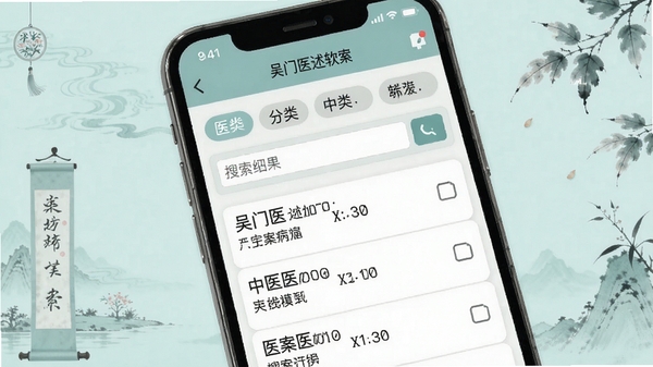 吴门医述软件内中医病案检索界面,展示分类标签与搜索结果列表,手机屏幕清晰显示医案条目,背景为淡青色中医风格