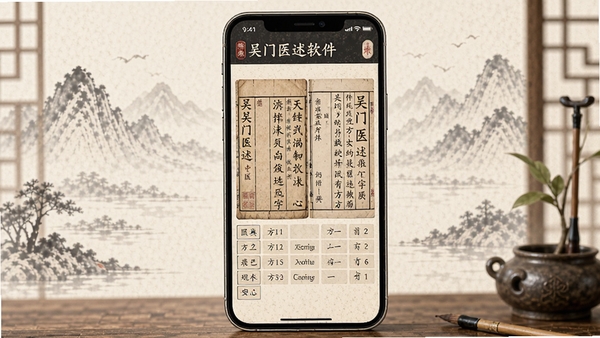 吴门医述软件主界面展示,古朴典雅的中医典籍阅读器,手机屏幕中显示中医古籍文字与方剂条目,背景为淡雅的水墨风格,突出中医文化氛围