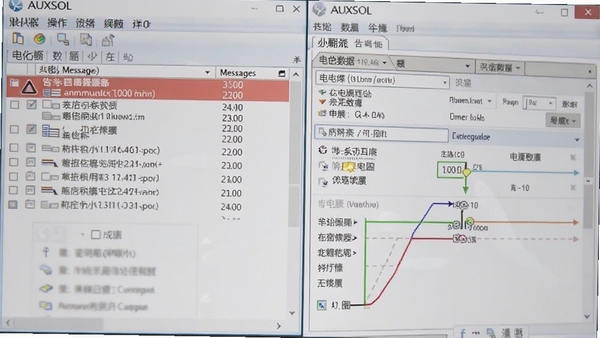 AUXSOL软件操作界面截图,展示告警消息列表和电站数据详情页,手机屏幕特写,清晰直观