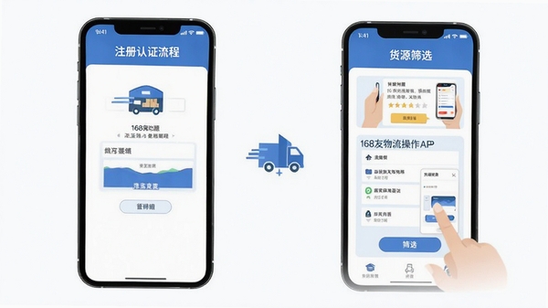 168运友物流APP使用教程示意图,手机屏幕展示注册认证流程和货源筛选操作步骤,扁平化设计风格,清晰直观