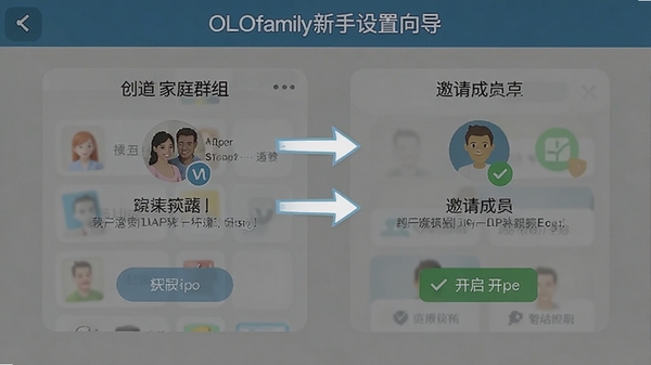 OLOfamily新手设置向导截图,展示创建家庭群组和邀请成员的步骤界面,有清晰的箭头指引和权限开启提示
