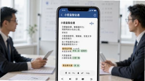 小密盒智会通软件界面展示智能语音转写功能,手机屏幕显示会议文字记录与发言人标注