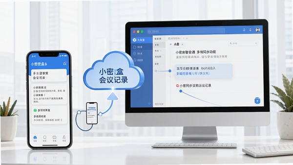 小密盒智会通多端同步功能示意图,手机与电脑之间通过云端同步会议记录