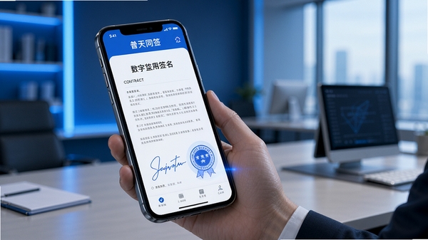 普天同签电子签名手机APP界面展示,现代化办公场景,合同文件在手机屏幕上呈现,带有数字签名和印章效果,科技感蓝色调,简洁商务风格