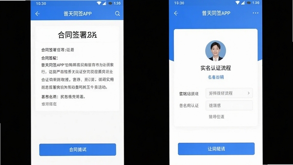 普天同签APP在安卓手机上的操作界面截图,展示合同签署页面和实名认证流程,蓝色主题色,界面简洁清晰