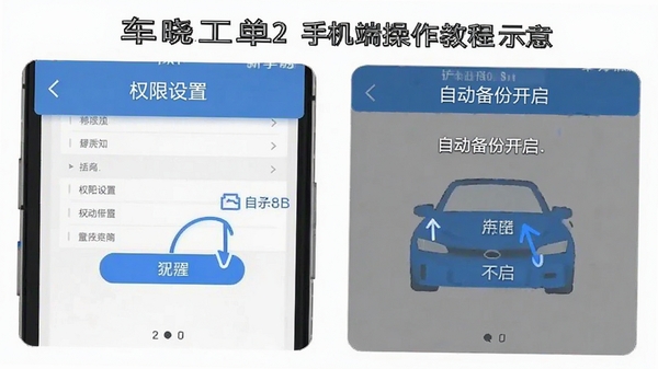 车晓工单2手机端操作教程示意图,展示权限设置界面和自动备份开启步骤,画面清晰标注每一步操作位置,风格简洁易懂,适合新手参考