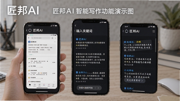 匠邦AI智能写作功能演示图,展示手机端输入关键词后自动生成多篇文案的界面,突出便捷高效特点,包含匠邦AI字样